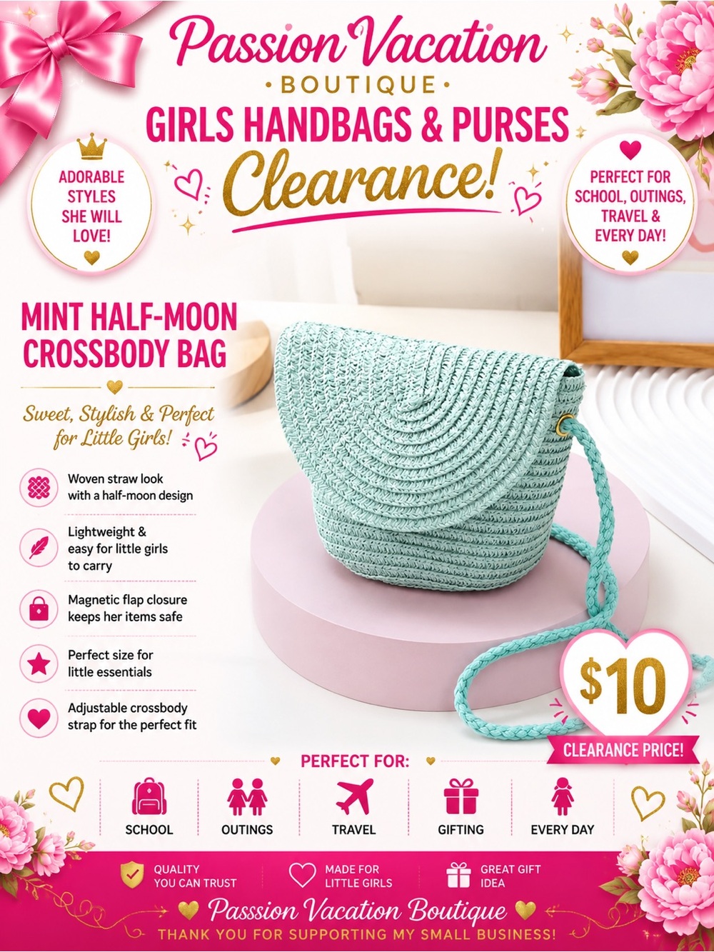 Girls Mint Green Half-Moon Woven Crossbody Purse | Cute Straw-Style Mini Bag